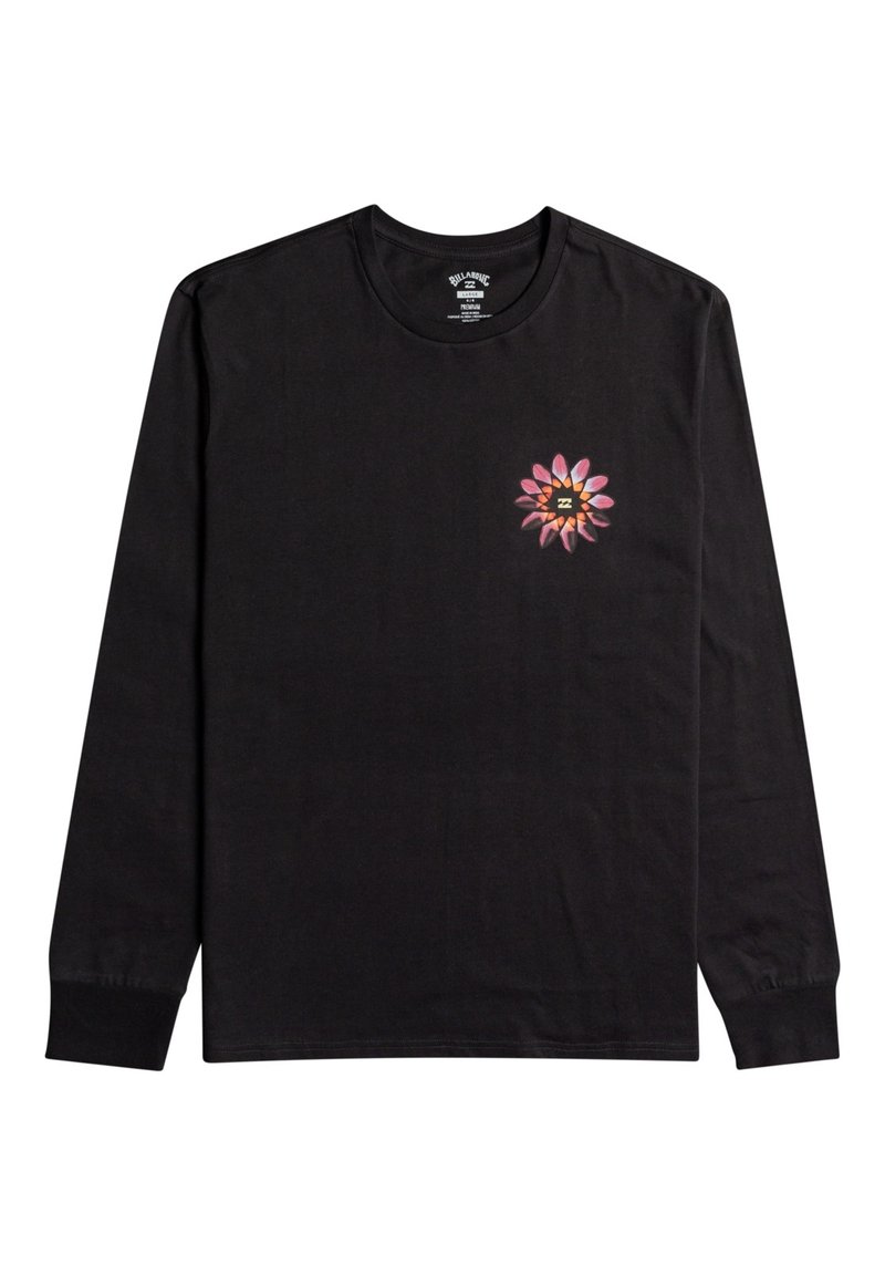 Schwarzes Langarmshirt aus Baumwolle. Mit einem bunten Blumenmuster auf der linken Brust, in Rosa- und Orangetönen. Runder Hals, gerippte Bündchen.
