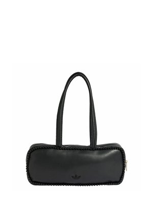 Čierna obdĺžniková kabelka s dlhými dvojitými rúčkami, ozdobou z korálikov pozdĺž okrajov a malým logom Adidas v strede dole.