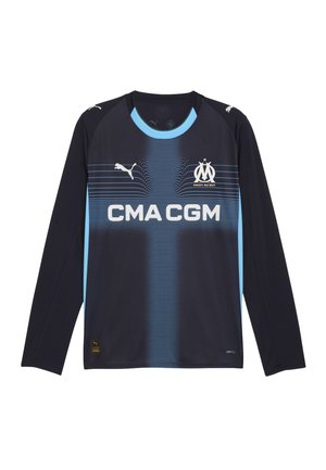 Langærmet navy sports trøje med lyseblå accenter, struktureret design, Puma-logo på skuldrene og centralt sponsor tekst "CMA CGM."