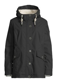 Zwarte capuchon regenjas met witte fleece voering, knopen aan de voorkant, verstelbare trekkoorden, klepzakken en gestreepte manchetten aan de binnenkant van de mouwen.