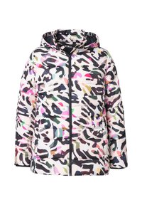 Doudoune avec capuche dans un motif camouflage abstrait multicolore. Dispose d'une fermeture éclair noire et d'une texture matelassée. Principalement dans des teintes pastel.