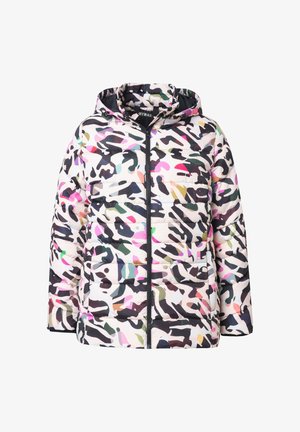 Giacca imbottita con cappuccio in un motivo camo astratto multicolore. Presenta una zip nera e una texture trapuntata. Principalmente in tonalità pastello.