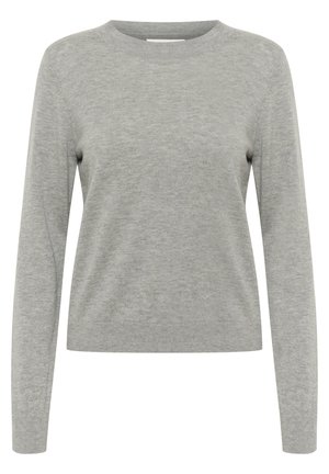 Hellgrauer Pullover, lange Ärmel, runder Halsausschnitt, feine Stricktextur, gerippte Bündchen und Saum, lässiger Stil, keine sichtbaren Muster oder Akzente.