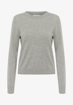 Světle šedý svetr, dlouhé rukávy, kulatý výstřih, jemně pletená textura, elastické manžety a lem, ležérní styl, bez viditelných vzorů nebo akcentů.