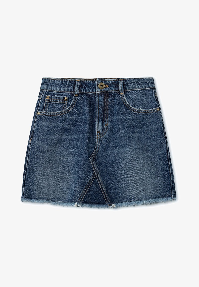 Blue denim mini skirt with frayed hem, front pockets, button closure, and angled seam detail on front.
