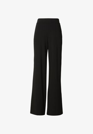 Schwarze, hochtaillierte Weitbein-Hosen mit einem glatten Taillenbund und vorderen Nahtdetails auf weißem Hintergrund.