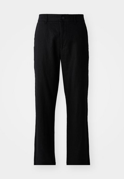 Pantalons en lin noirs avec une coupe droite, dotés d'une fermeture à bouton et sans motifs visibles, texture lisse et poches standards.