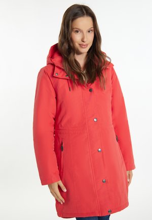 Red insulated winter coat with a hood, snap closure, side pockets, and a waist drawstring for a fitted profile. Soft, smooth texture.