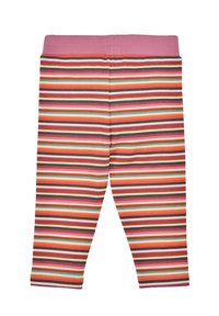 Striped leggings in cotton blend fabric. Features horizontal stripes in pink, brown, orange, and blue. Elastic waistband in pink.