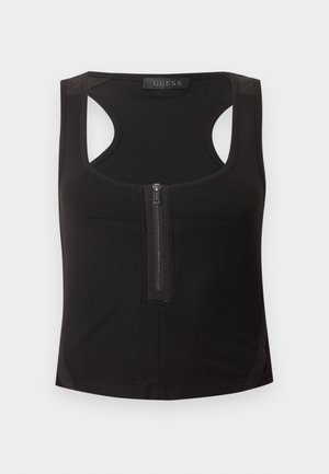 Fekete, ujjatlan, bordázott crop top elülső cipzárral és racerback kialakítással, GUESS márkajelzés a nyakkivágáson.