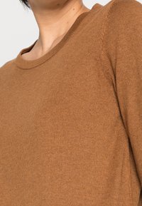 Brown knitted sweater featuring a round neckline, ribbed texture, and fitted design, with visible stitching on the shoulders.