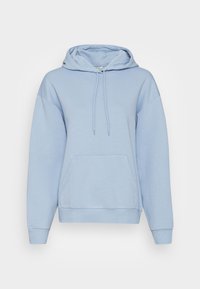 Felpa leggera blu con cappuccio in cotone, caratterizzata da un cappuccio con cordino, una tasca frontale e polsini e orlo a costine. Texture morbida e vestibilità rilassata.