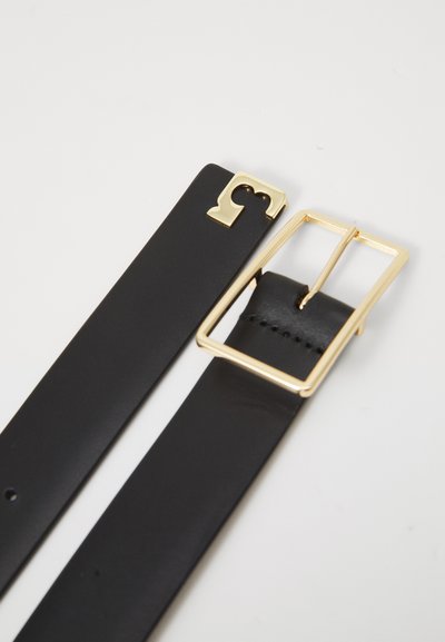 Black leather belt with a gold rectangular buckle. Features a distinctive gold accent and smooth texture with multiple adjustment holes.