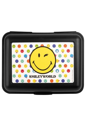 Scatola di stoccaggio rettangolare nera con una grafica colorata che presenta un grande sorriso giallo e vari emoji più piccoli su uno sfondo bianco.