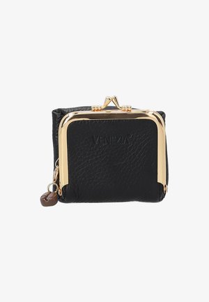 Schwarze Leder-Münztasche mit strukturiertem Finish, goldfarbigem Metallrahmen und Druckverschluss. Mit einem dekorativen braunen Anhänger an der Seite.