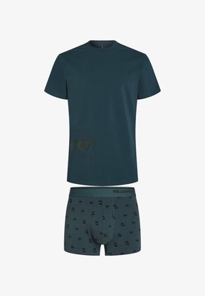 Teal bomull t-shirt med rund hals och subtilt mönster på framsidan, tillsammans med matchande kalsonger med ett upprepat mönster av svarta solglasögon.