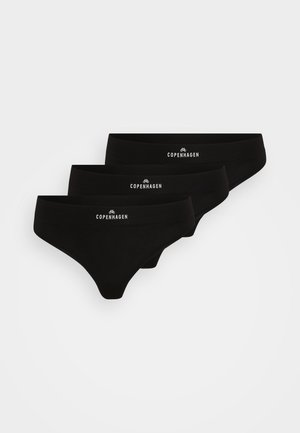 Juodų medvilninių kelnaičių rinkinys iš trijų vnt., turintis lygų paviršių ir juostą su "Kopenhaga" logotipu balta spalva. Klasikinis dizainas be raštų.