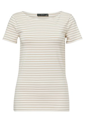 Koszulka w paski o luźnym kroju, z krótkimi rękawami, szerokim dekoltem i naprzemiennymi, kremowymi i beżowymi poziomymi paskami.