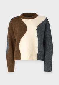 Farbblockiertes Sweatshirt in braunen, cremigen und dunkelgrauen Tönen. Hergestellt aus weichem Material mit ribbeltem Halsausschnitt und kurzer Form.