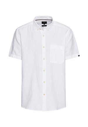 Kurze weiße Leinenbluse mit Button-Down-Kragen, Brusttasche und fünf Knöpfen an der Knopfleiste. Glatte Textur und entspannte Passform.