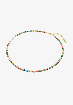 Värviline pärlitega kaelakee, mis koosneb väikestest silindrikujulistest pärlitest eri toonides, kuldse kettluku ja reguleeritava pikkusega.