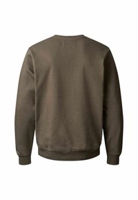 Καφέ φούτερ με λαιμόκοψη σε σχήμα crewneck, εμφανιζόμενο από πίσω με μακριά μανίκια και ριμπ μανσέτες και τελείωμα, σε λευκό φόντο.