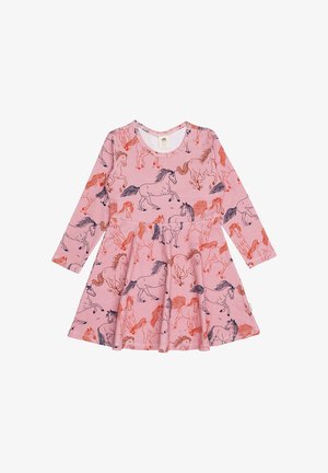 Langärmliges pinkes Kleid mit einem Muster aus orangen und marineblauen Pferden. Baumwollmischgewebe mit einem weit ausgestellten Rock und rundem Ausschnitt.