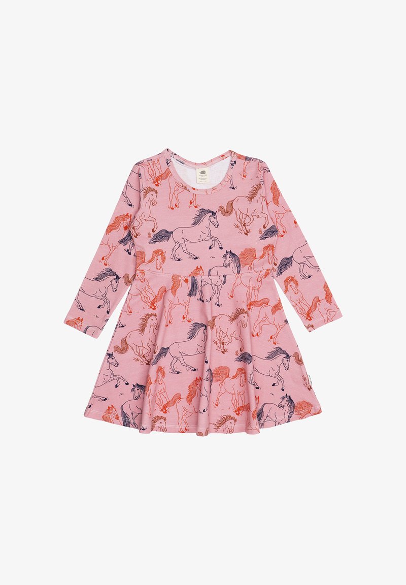 Long-sleeve pink dress featuring a pattern of horses in orange and navy. Cotton blend fabric with a flared skirt and round neckline.