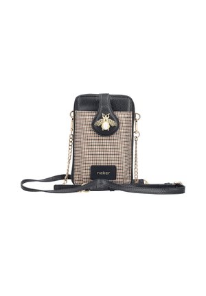 Black and brown patterned crossbody bag featuring a textured material, gold bee accent, chain strap, and rectangular shape.