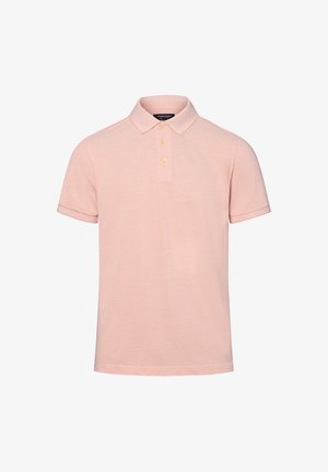 Helles rosa Poloshirt aus Baumwolle mit einem klassischen Kragen, einer Drei-Knopf-Leiste, kurzen Ärmeln und dezenten Rippakzenten.