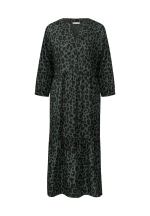 Long, green dress with a leopard print pattern, featuring a v-neck, three-quarter sleeves, and tiered bottom. Made of lightweight fabric.