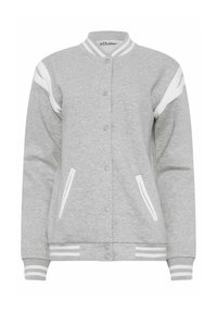 Grijze sweatshirt met witte accenten, knoopsluiting, geribbelde manchetten en zoom, twee zijzakken en sportieve strepen op de mouwen.