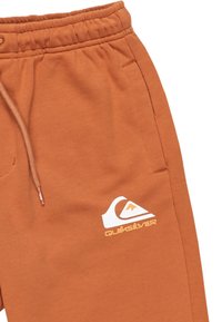 Brända orangea sweatpants med elastisk midja, sidofickor och en vit logotyp med ett mönster av berg och vågor.