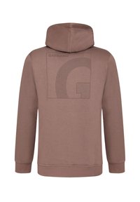 Bruine hoodie met een capuchon, met een groot grafisch ontwerp op de achterkant, inclusief het woord "GABBIANO" en een gestileerde letter "G."