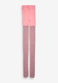 Pinke Leggings mit einem einfarbigen Oberteil und schimmernden roségoldenen Beinen, die eine glatte Textur und ein enges Design aufweisen.