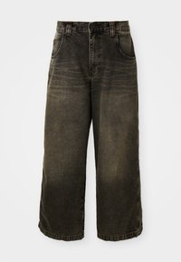 Bredde jeans i mørkegrå denim med høj talje, frontlommer og diskret falming. Metalknap og kontrasterende syninger.