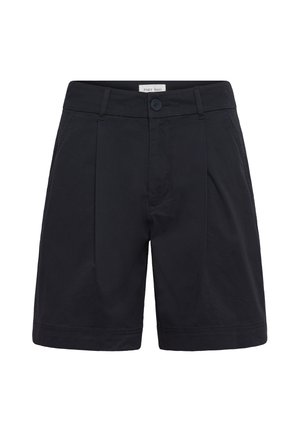 Shorts noirs ajustés avec passants pour ceinture, fermeture devant par bouton et zip, et poches latérales, présentés sur fond blanc.