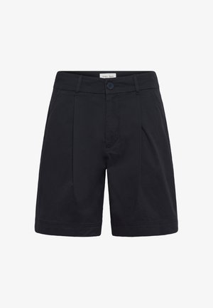 Shorts noirs ajustés avec passants pour ceinture, fermeture devant par bouton et zip, et poches latérales, présentés sur fond blanc.