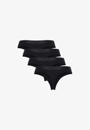 Vier zwarte Fila bikini-onderbroeken met brede elastische taillebanden diagonaal gestapeld op een witte achtergrond.