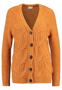 Cardigan lavorato a maglia arancione con scollo a V profondo, modelli di foglie tessuti e cinque bottoni neri davanti. Tessuto morbido e accogliente.