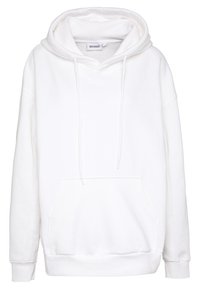 Witte hoodie van zacht materiaal, met een kangoeroezak, een capuchon met trekkoord en ribgebreide boorden en zoom.