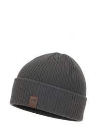 Donkergrijze geribbelde gebreide muts met opgerolde rand en een klein bruin patchlabel met een honden-silhouet.