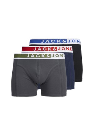 Drie paar Jack & Jones boxershorts. Kenmerken grijze, marineblauwe en zwarte stof met contrasterende elastische taillebanden in rood, blauw en groen.