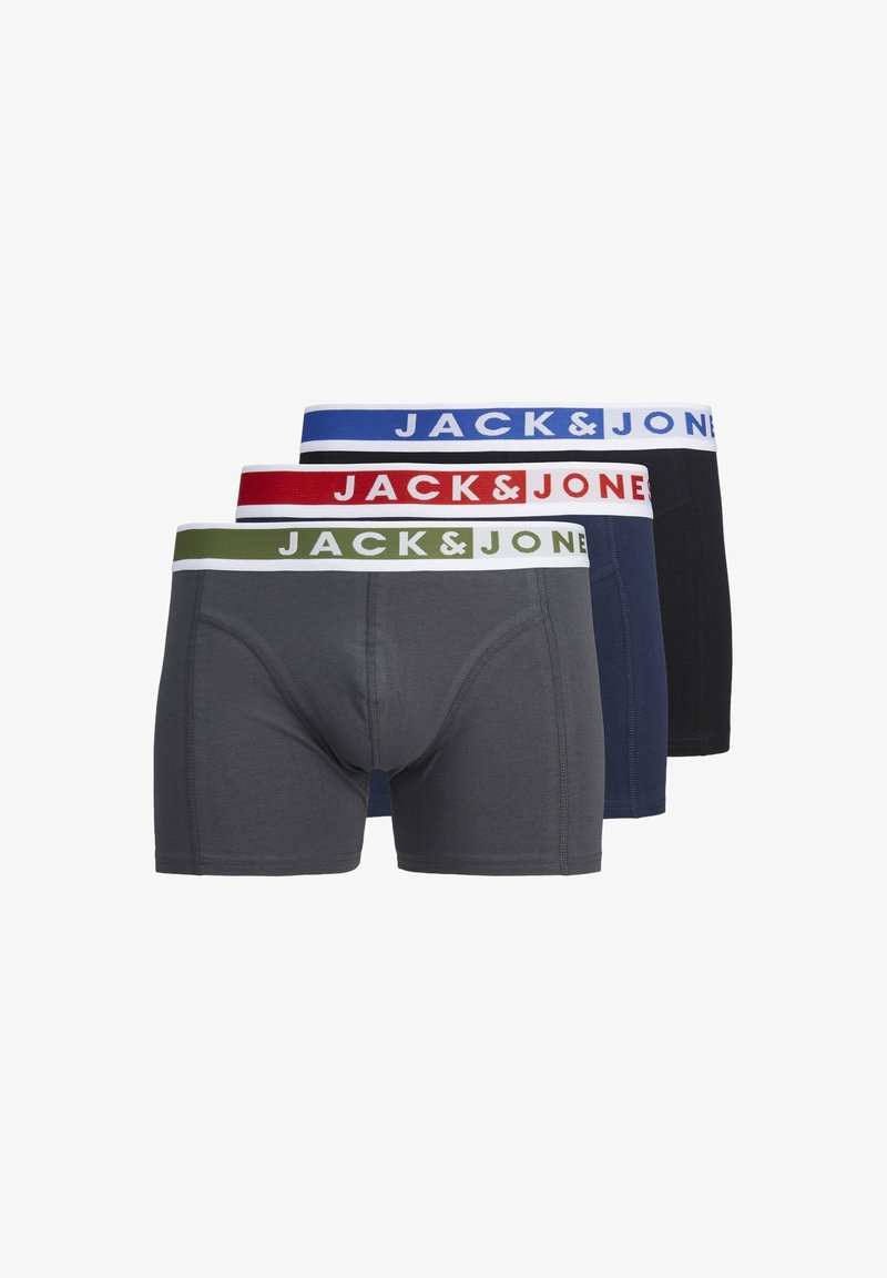 Trois paires de boxers Jack & Jones. Comprennent des tissus gris, marine et noir avec des ceintures élastiques contrastantes en rouge, bleu et vert.