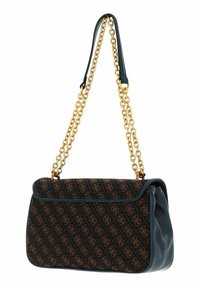 Sort stof håndtaske med gylden kædestropp, der har et diamantmønster og kontrasterende teal læderdetaljer på siderne og klappen.
