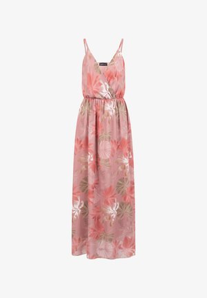 Robe maxi rose sans manches avec bretelles fines réglables, corsage cache-cœur, taille élastique et motif floral dans des tons corail, beige et blanc.
