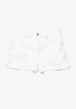 Witte denim shorts met een klassieke snit, voorzien van opgerolde zoomranden, zijzakken en een metalen knoopsluiting. Glad oppervlak, geen patronen.