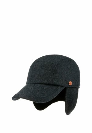 Dark gray winter cap with ear flaps and curved brim, featuring a small round red and gold brand emblem on the side.