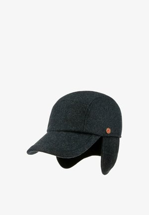 Dark gray winter cap with ear flaps and curved brim, featuring a small round red and gold brand emblem on the side.
