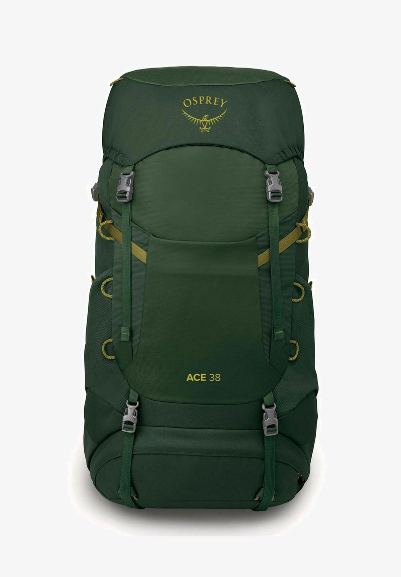 Osprey ACE 38 rugzak in donkergroen stof met gele accenten. Voorzien van verstelbare riemen, gespen en meerdere bevestigingspunten.